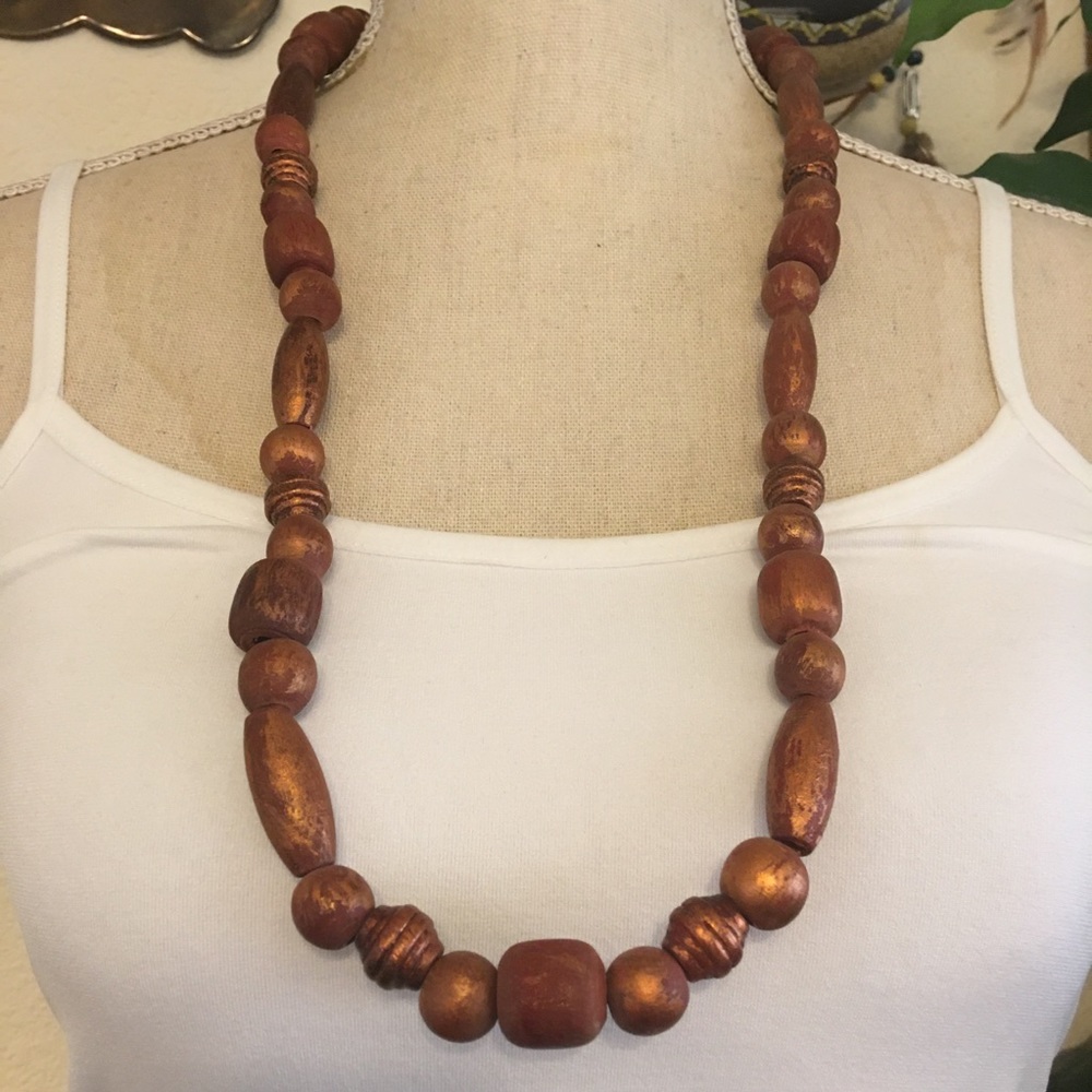 Vintage copper tone painted wood bead necklace